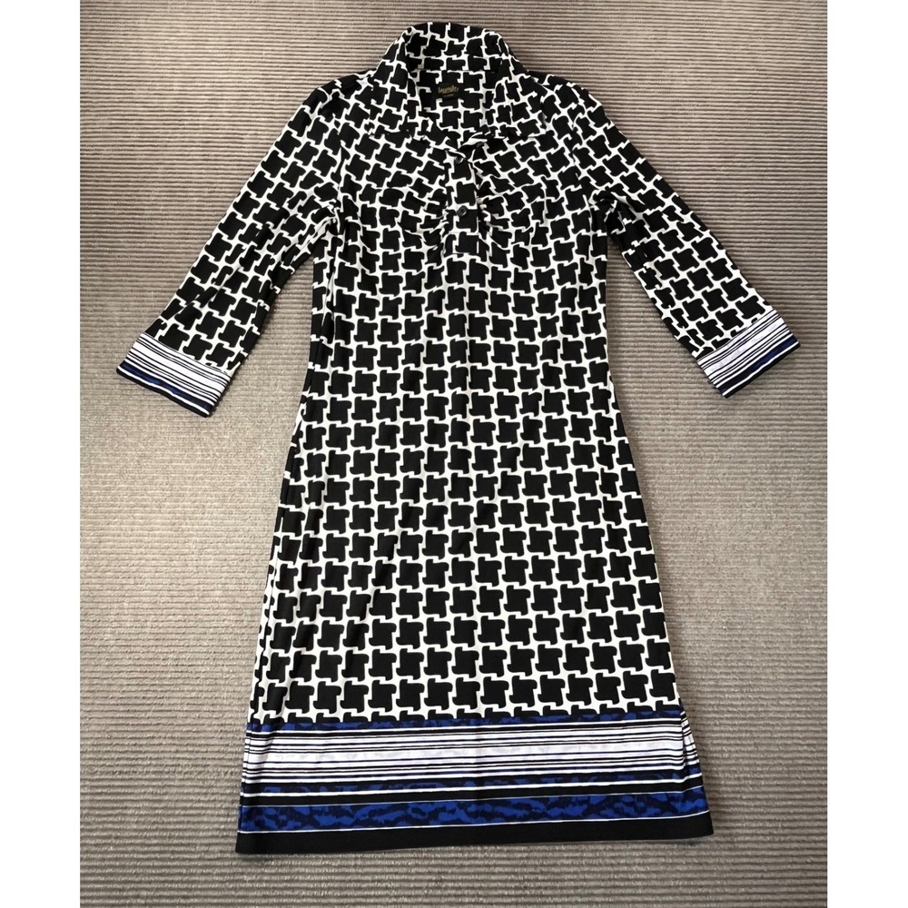 Laundry by Shelli Segal Black White Geometric‎ Sheath Dress Blue Border Hem Sz S